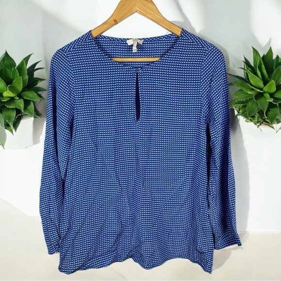 Joie Tops - Joie Blue Geo Print 100% Silk Long Sleeve Keyhole Button Front Blouse Top Small